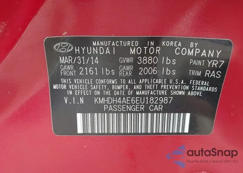 2014 Hyundai Elantra Se z USA, uszkodzony, nr VIN KMHDH4AE6EU182987